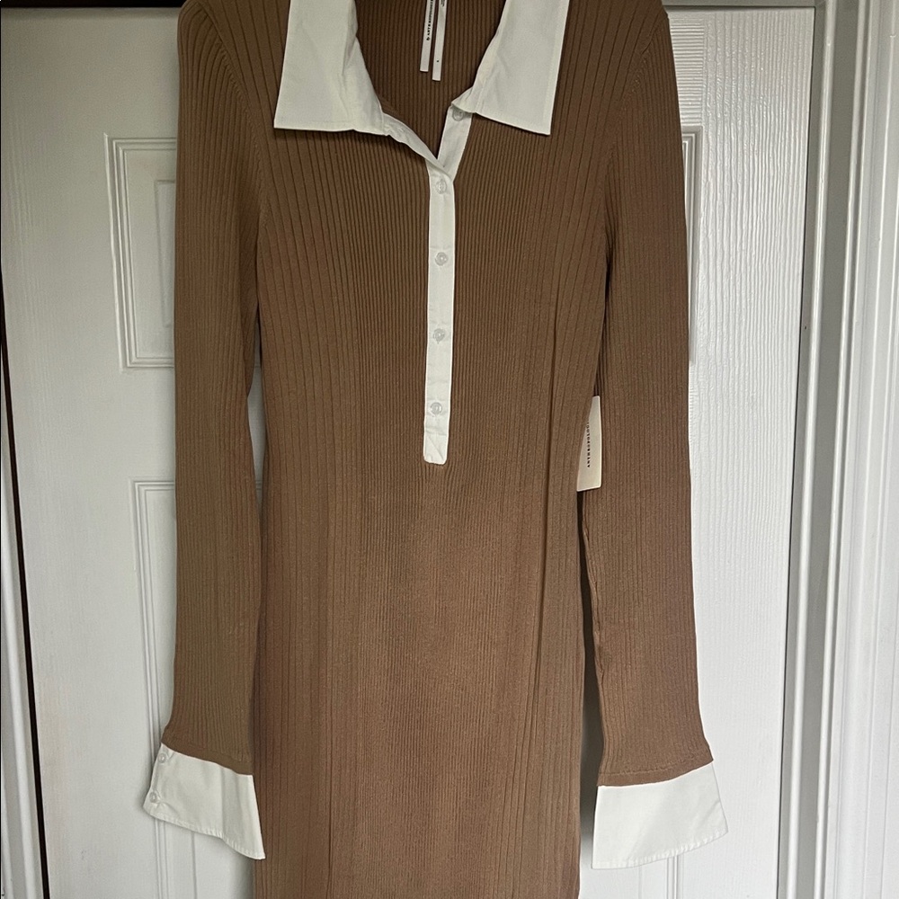 Elegant Tan Ribbed Dress with White Collar Anthropologie NWT